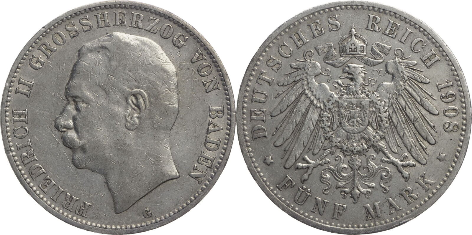 Kaiserreich Baden 5 Mark 1908 G Friedrich II 1907 1918 Kursmünze