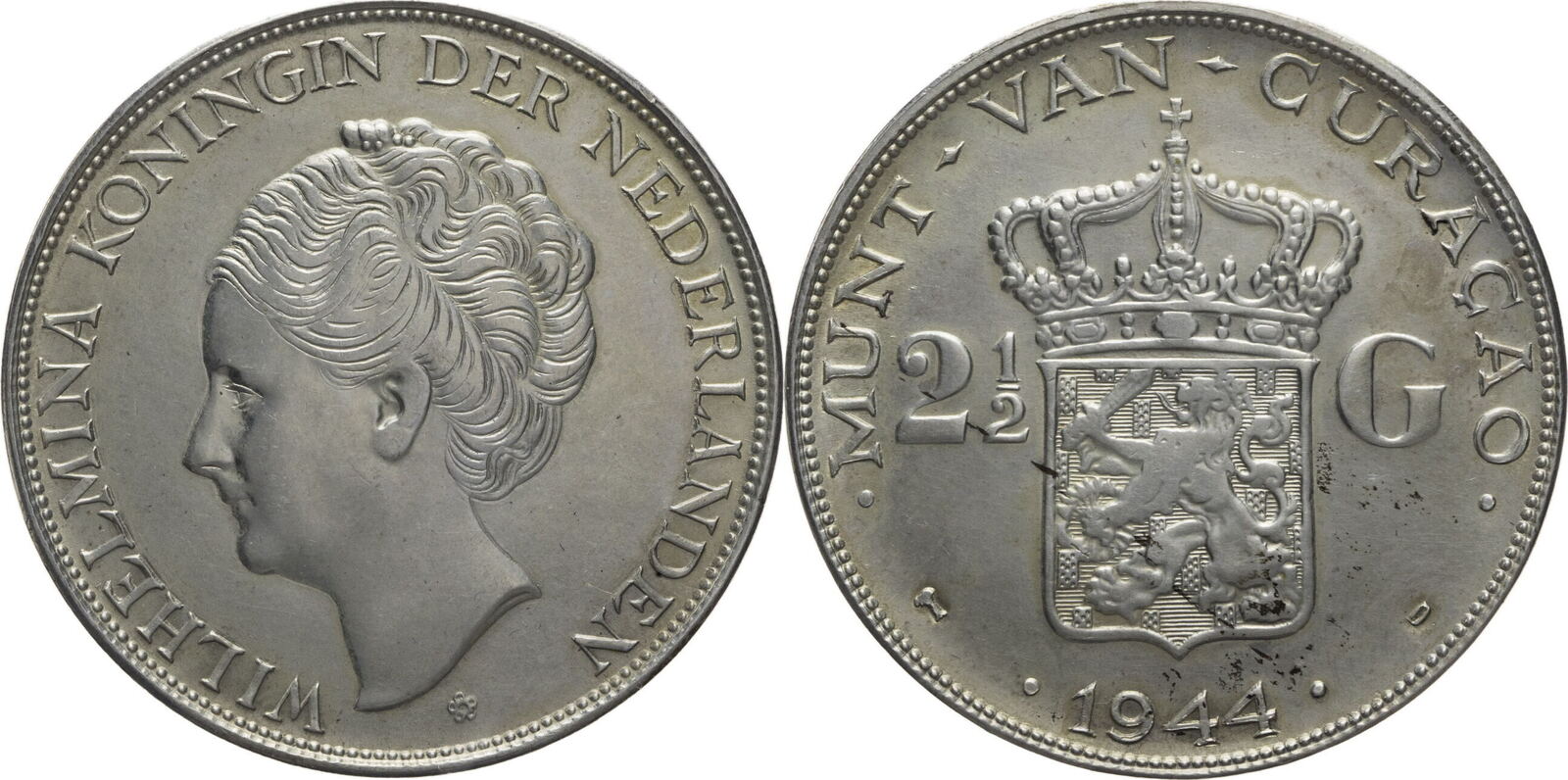 Niederlande Curaçao 2 1 2 Gulden 1944 D Wilhelmina vz MA Shops