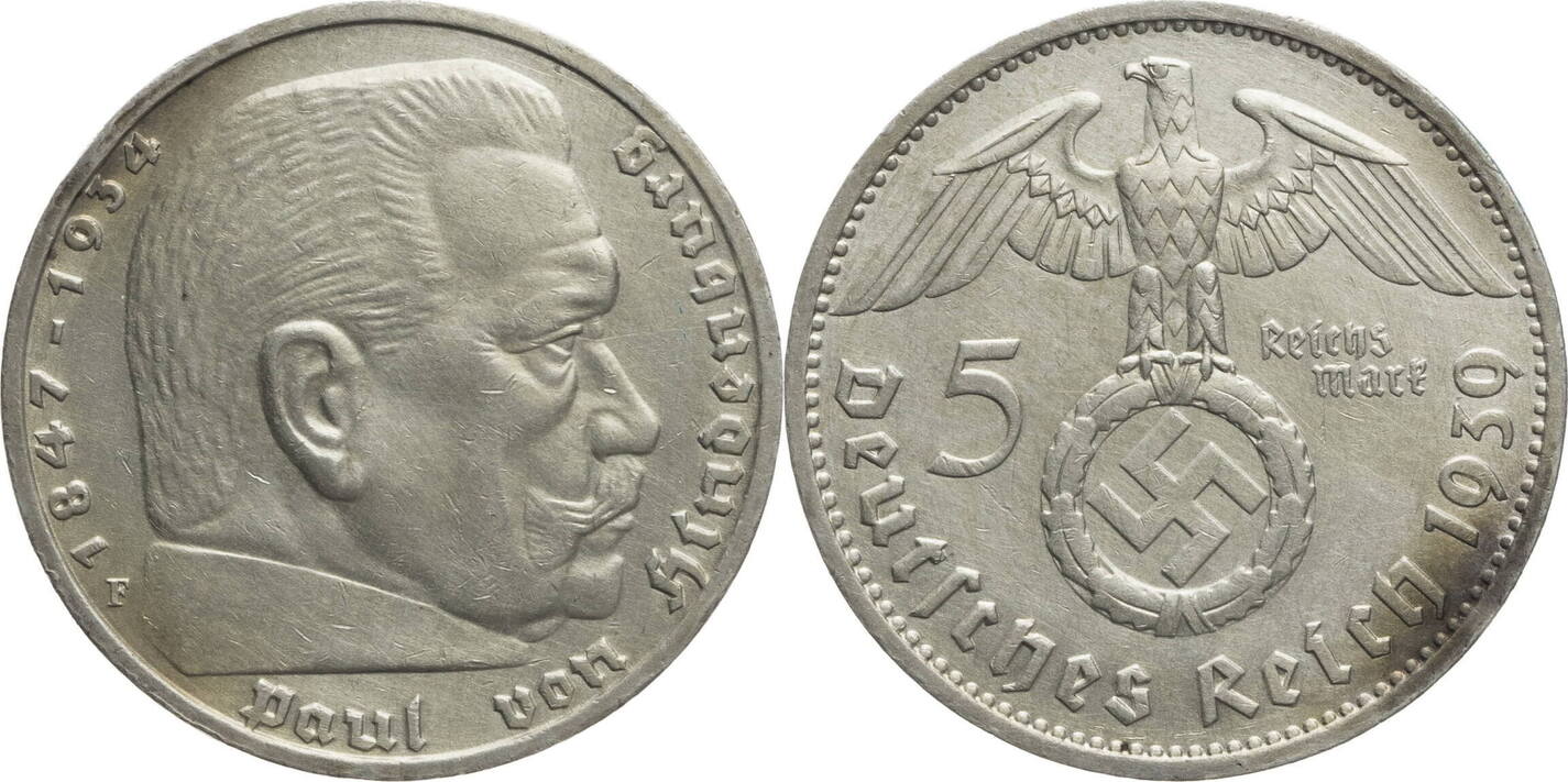 Drittes Reich 5 Reichsmark 1939 F Hindenburg Kursmünze 1936 1939 ss