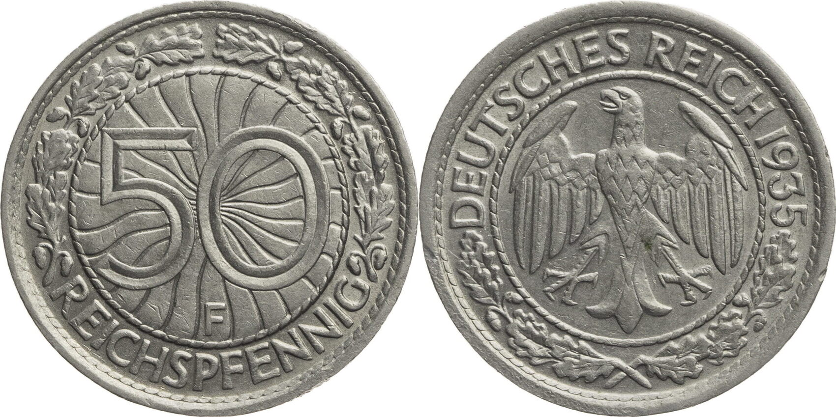 Weimarer Republik 50 Reichspfennig 1935 F Kursmünze 1927 1938 ss MA