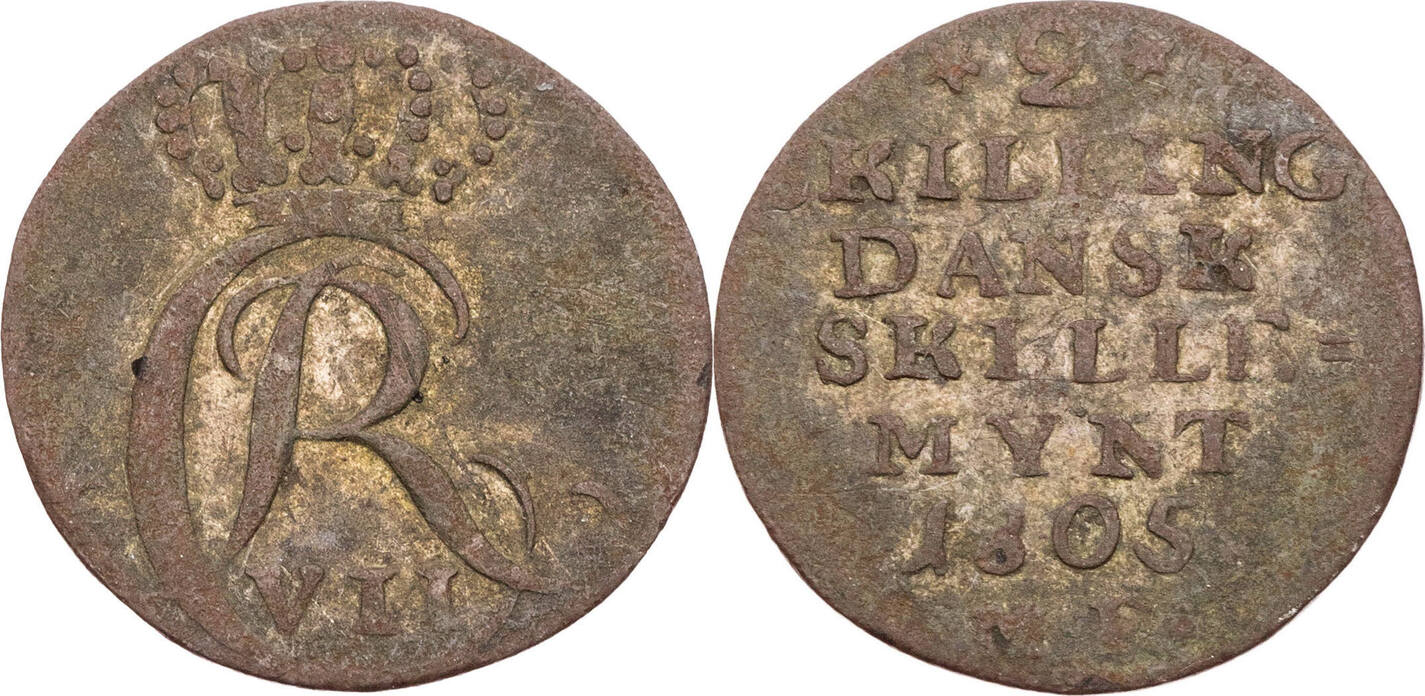 Dänemark 2 Skilling 1805 MF Christian VII 1766 1808 schön MA Shops