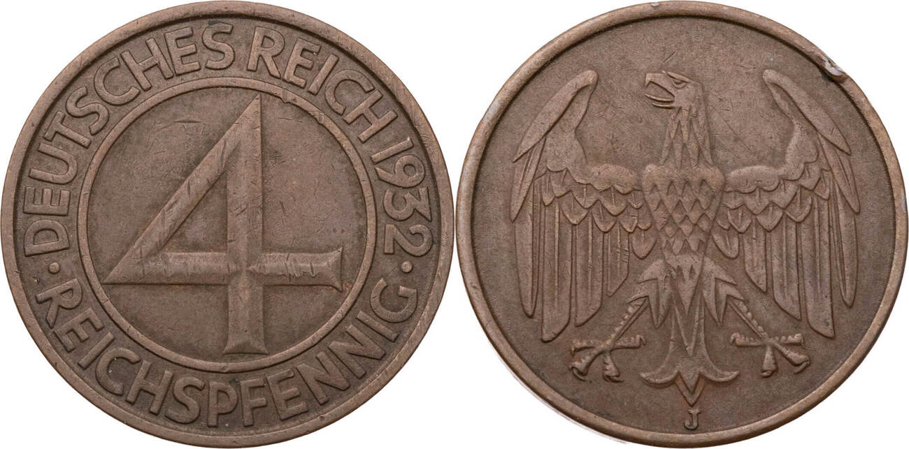 Weimarer Republik 4 Pfennig 1932 J sog Brüningtaler Kursmünze ss Rf