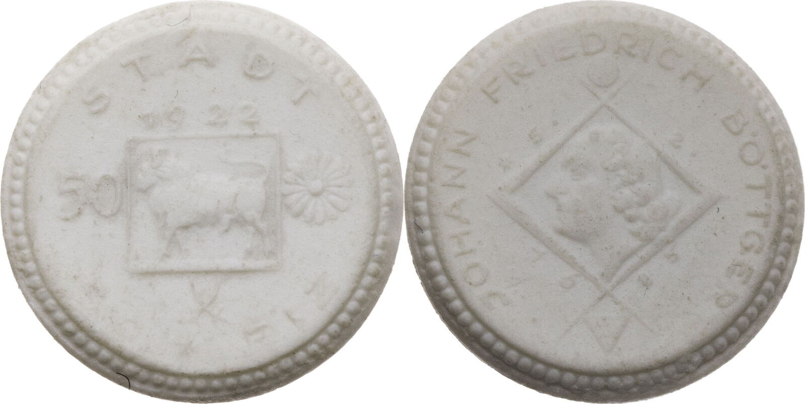 Schleiz Thüringen 50 Pfennig 1922 Notmünze aus Biskuit Porzellan ss