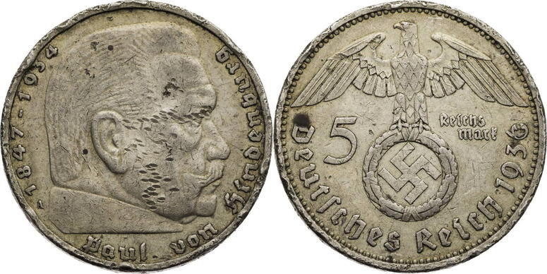 Drittes Reich 5 Reichsmark 1936 A Hindenburg Kursmünze 1935 1936 ss