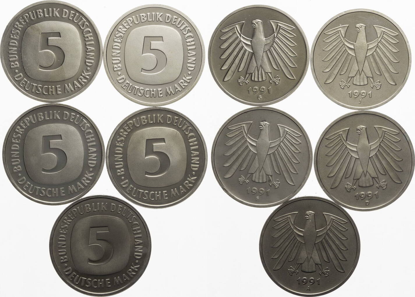 Deutschland Bundesrepublik 5 x 5 DM 1991 ADFGJ 5 DM Kursmünzen