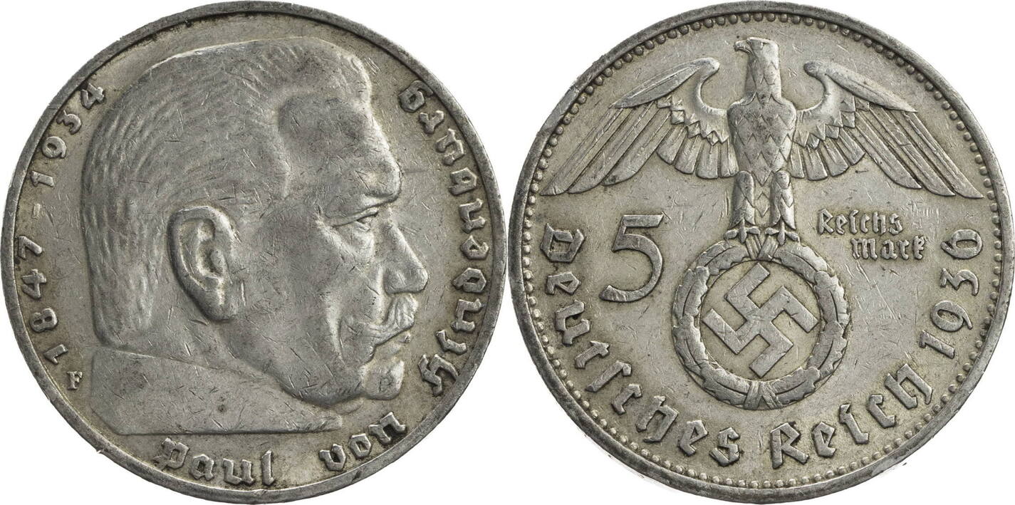 Drittes Reich 5 Reichsmark 1936 F Hindenburg Kursmünze 1936 1939 ss