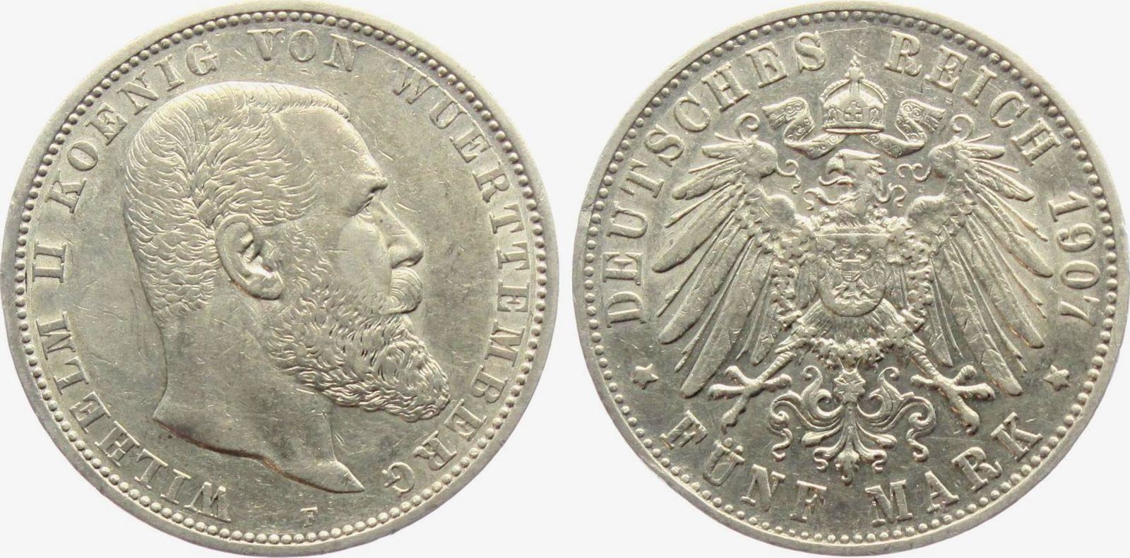 5 Mark 1907 F Wilhelm II König von Württemberg 1891 1918 vz MA Shops