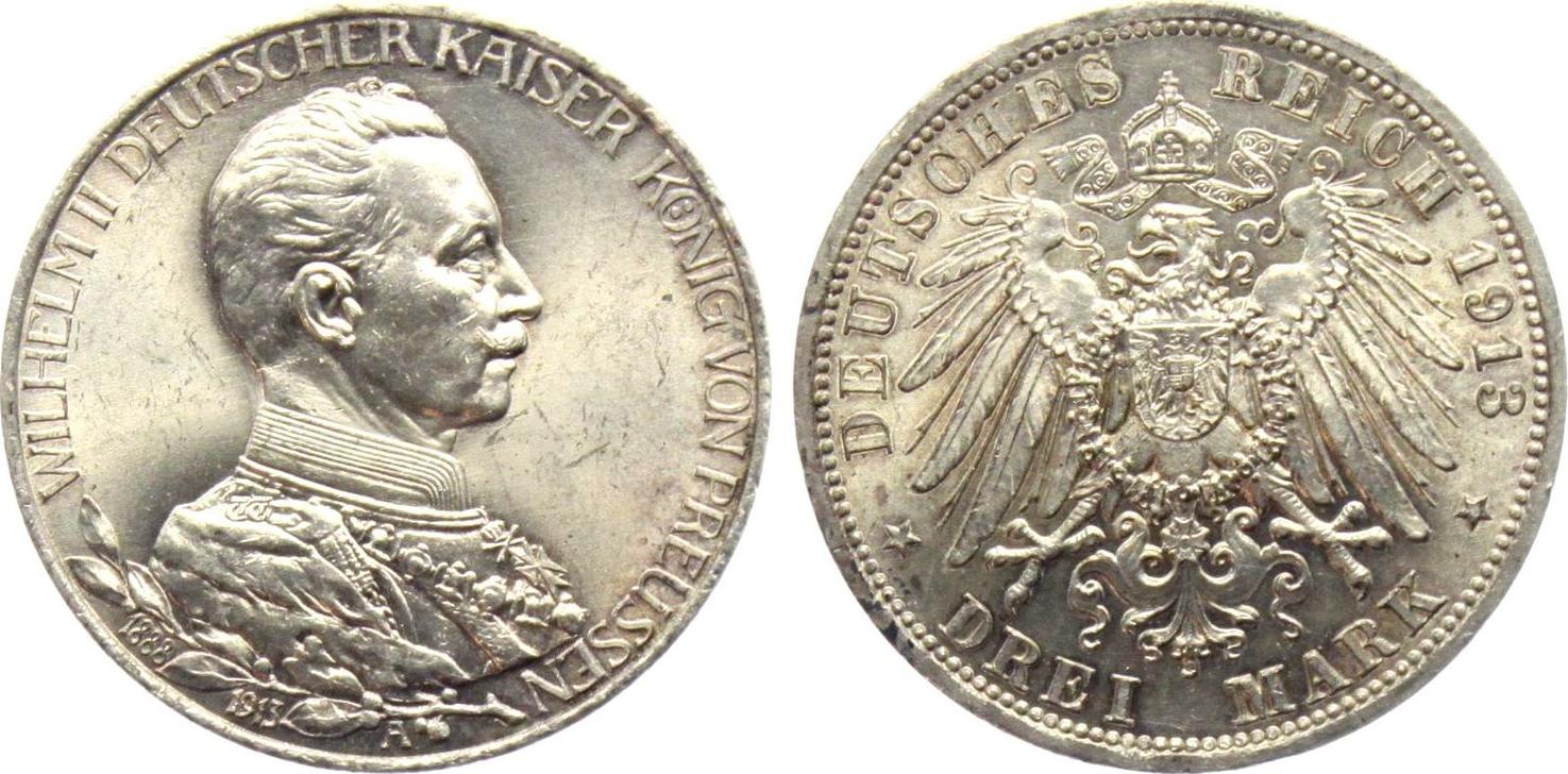 Preussen 3 Mark 1913 A Kaiser Wilhelm II 1888 1918