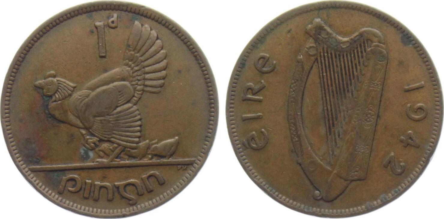 Irland 1 Pingin 1 Penny 1942 Auerhahn Tiere Vögel ss vz MA Shops