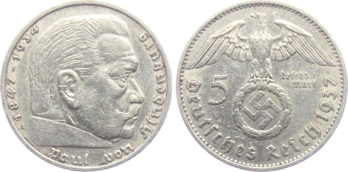 Drittes Reich 5 Reichsmark 1937 A Hindenburg Mit Hakenkreuz Ss MA Shops