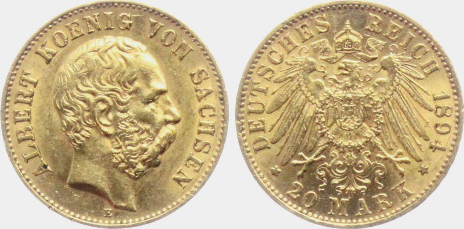 Sachsen Kaiserreich 20 Mark 1894 E König Albert von Sachsen 1873