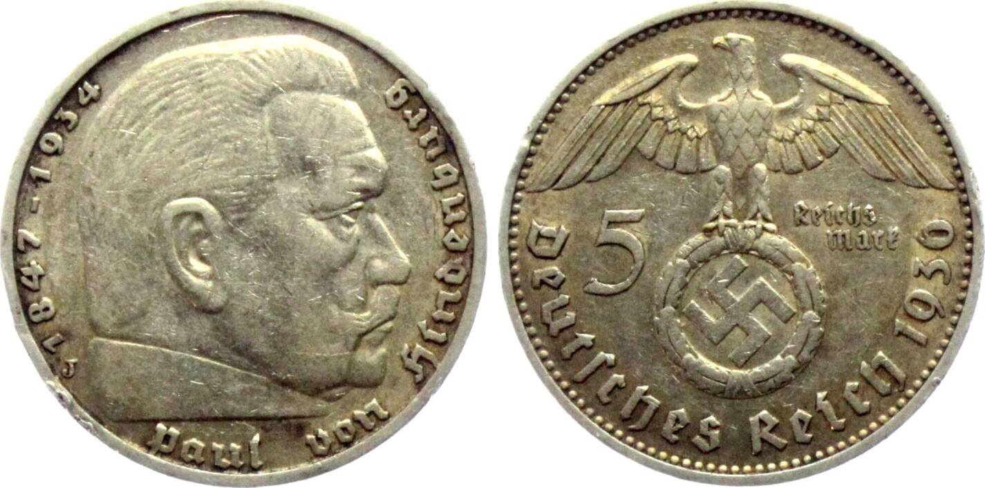 Drittes Reich 1936 J 5 Mark Hindenburg Mit Hakenkreuz Ss Rf MA Shops