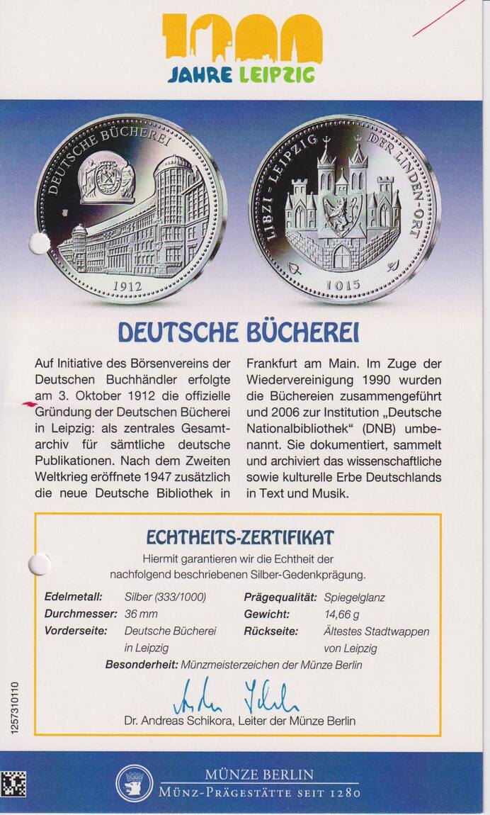 Leipzig Silbermedaille ohne Jahr Deutsche Bücherei mit