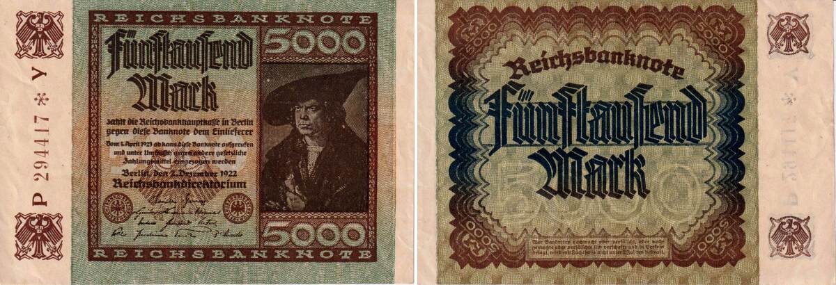 Weimarer Republik 1922 Banknote 5000 Mark Kn Nr Braun 6 Stellig