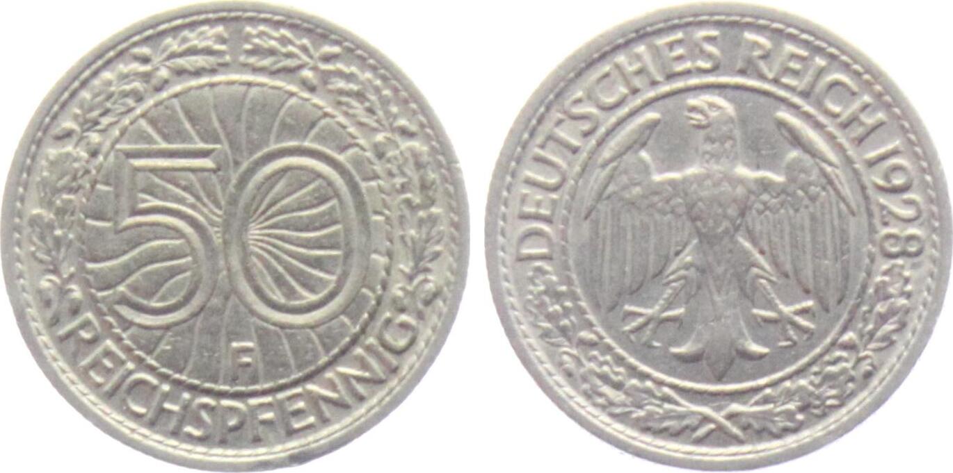 Weimarer Republik 1928 F 50 Reichspfennig Mit Reichsadler Ss Vz Min