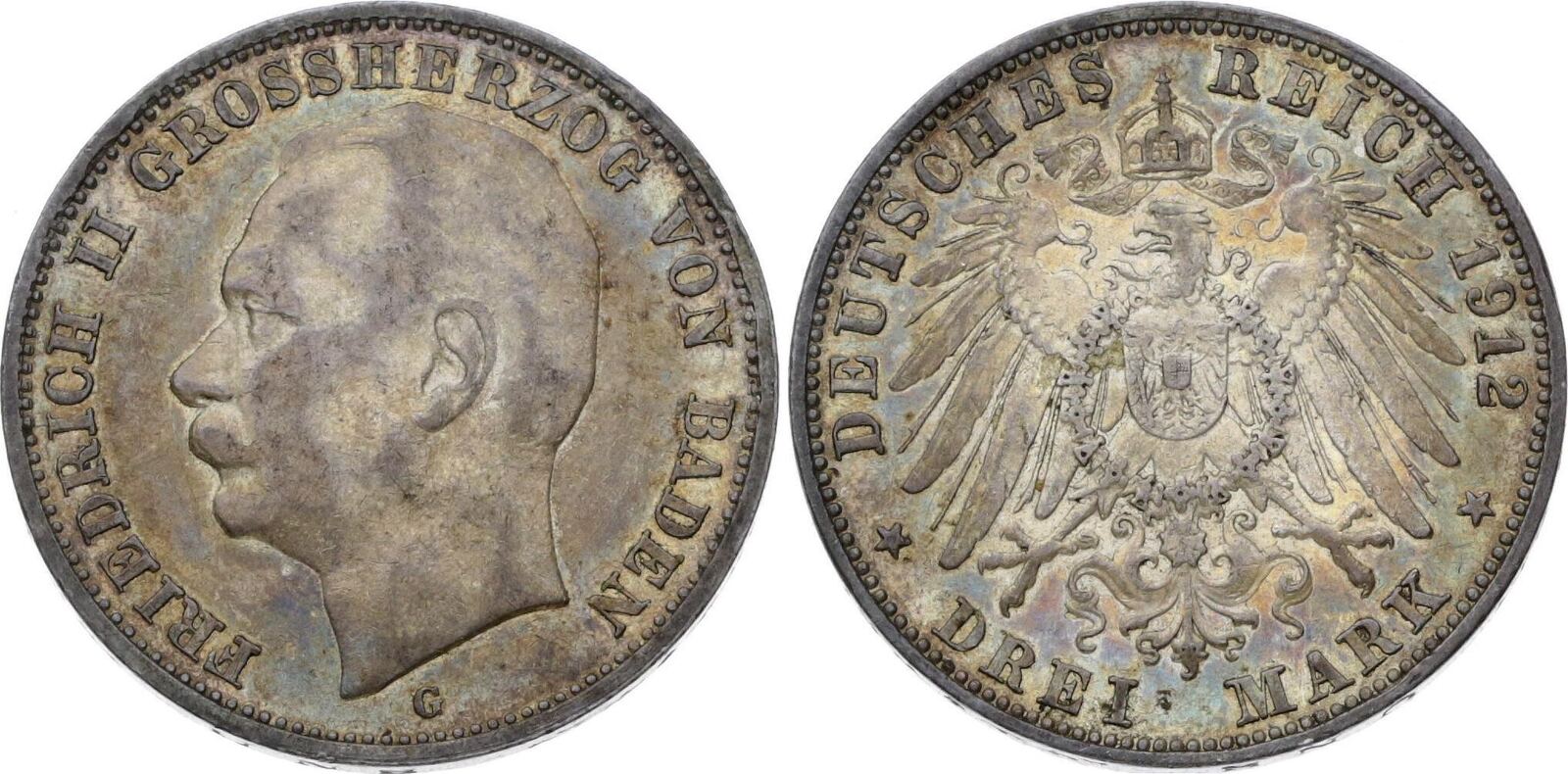 Baden 3 Mark 1912 G Friedrich II 1907 1918 Hübsche Patina Vorzüglich