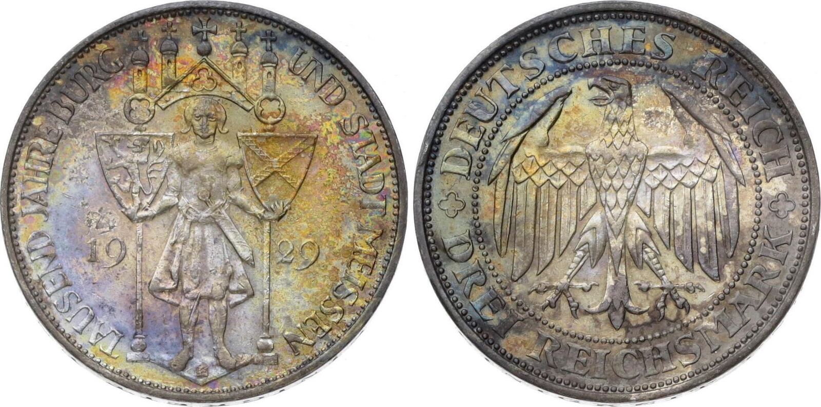 Weimarer Republik 3 Mark 1929 E Hübsche Patina Winz Randfehler winz