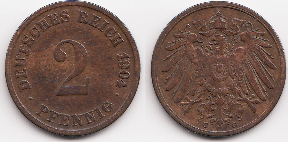 Kaiserreich 2 Pfennig 1904 G großer Adler Kupfer fast sehr schön MA