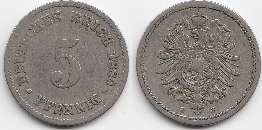 Kaiserreich 5 Pfennig 1889 J Kleiner Adler Kupfer Nickel Fast Sehr