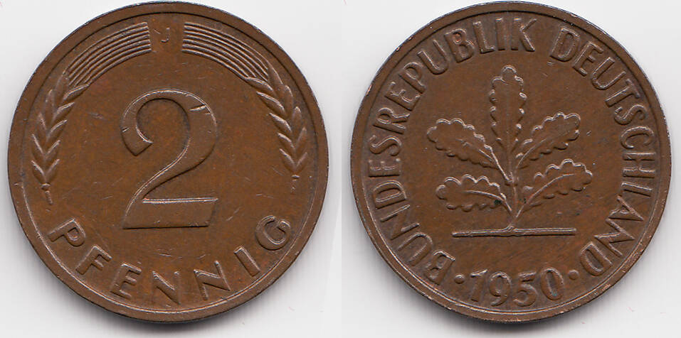 BRD 2 Pfennig 1950 J Kupfer fast vorzüglich winzige Kratzer MA Shops