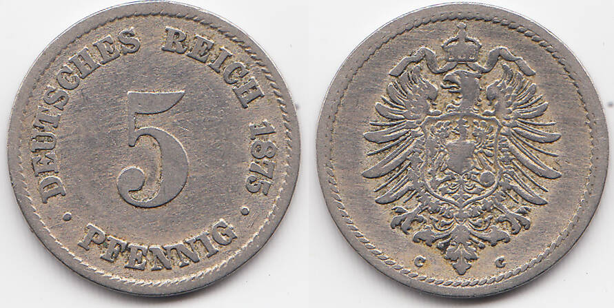 Kaiserreich 5 Pfennig 1875 C Kleiner Adler Kupfer Nickel Fast Sehr