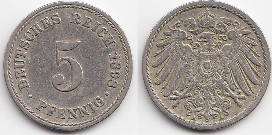 Kaiserreich 5 Pfennig 1898 A großer Adler Kupfer Nickel sehr schön