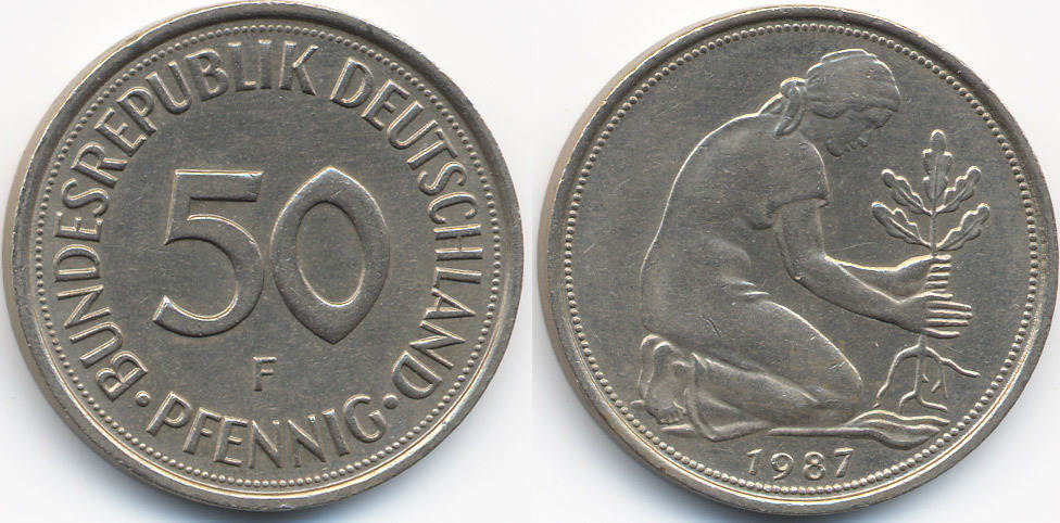 BRD 50 Pfennig 1987 F Kupfer Nickel vorzüglich MA Shops