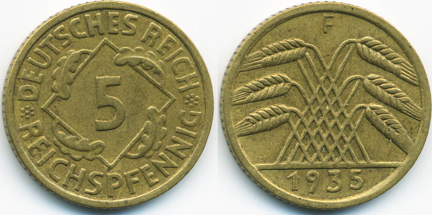 Weimarer Republik 5 Reichspfennig 1935 F Kupfer Aluminium sehr schön