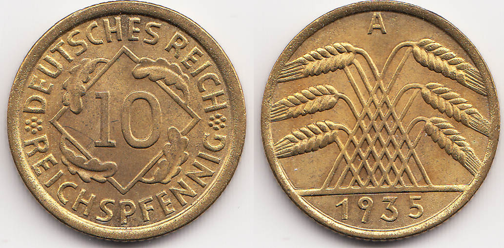 Weimarer Republik 10 Reichspfennig 1935 A Kupfer Aluminium prägefrisch