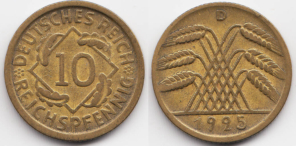 Weimarer Republik 10 Reichspfennig 1925 D Kupfer Aluminium sehr schön