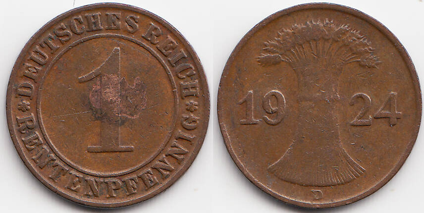 Weimarer Republik 1 Rentenpfennig 1924 D Kupfer sehr schön minimal