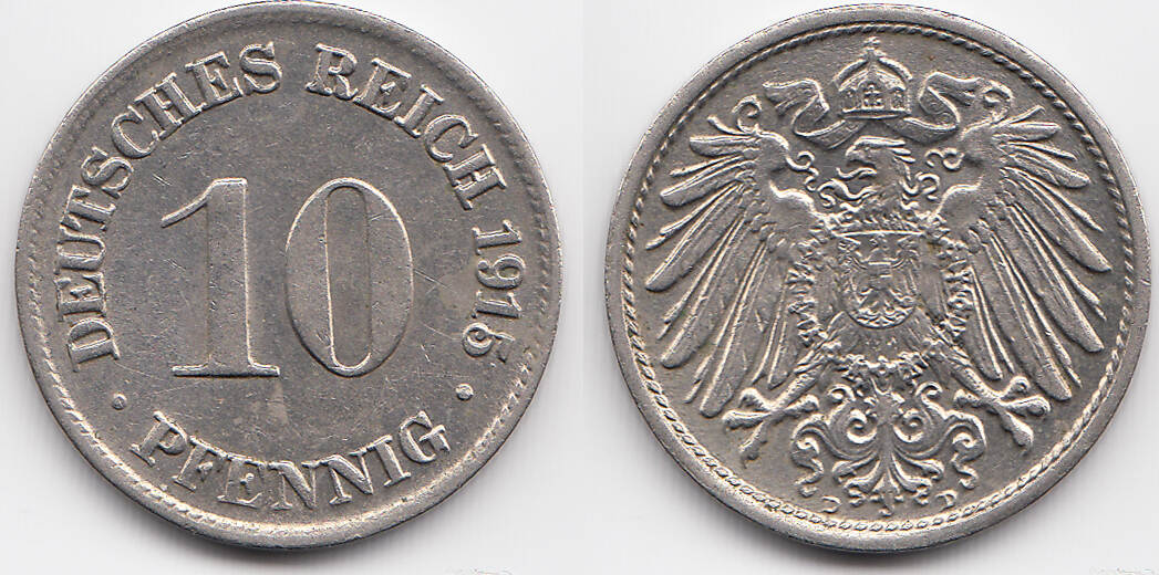 Kaiserreich 10 Pfennig 1915 D großer Adler Kupfer Nickel vorzüglich