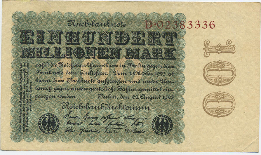 Deutsches Reich Inflation 1919 1924 100 Millionen Mark 1923 Rosenberg