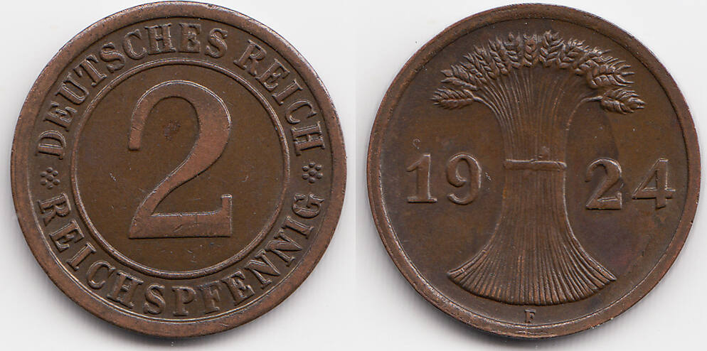 Weimarer Republik 2 Reichspfennig 1924 F Kupfer vorzüglich MA Shops