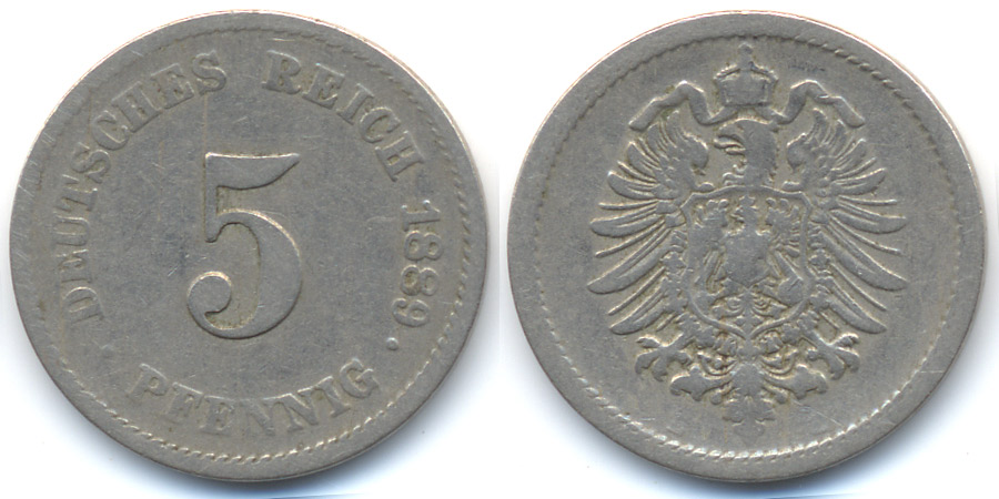 Kaiserreich 5 Pfennig 1889 E kleiner Adler Kupfer Nickel schön MA