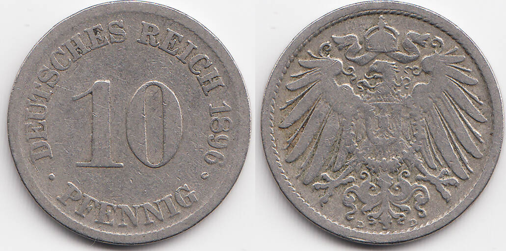 Kaiserreich 10 Pfennig 1896 D großer Adler Kupfer Nickel schön sehr