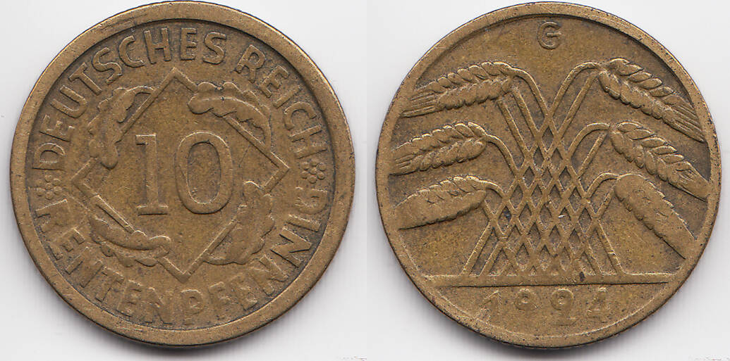 Weimarer Republik 10 Rentenpfennig 1924 G Kupfer Aluminium sehr schön