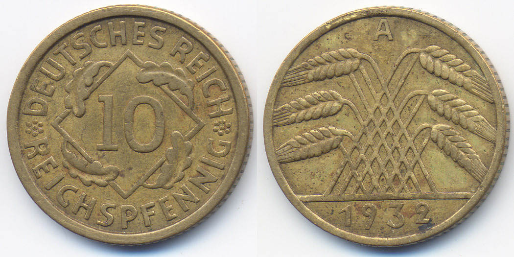 Weimarer Republik 10 Reichspfennig 1932 A Kupfer Aluminium sehr schön