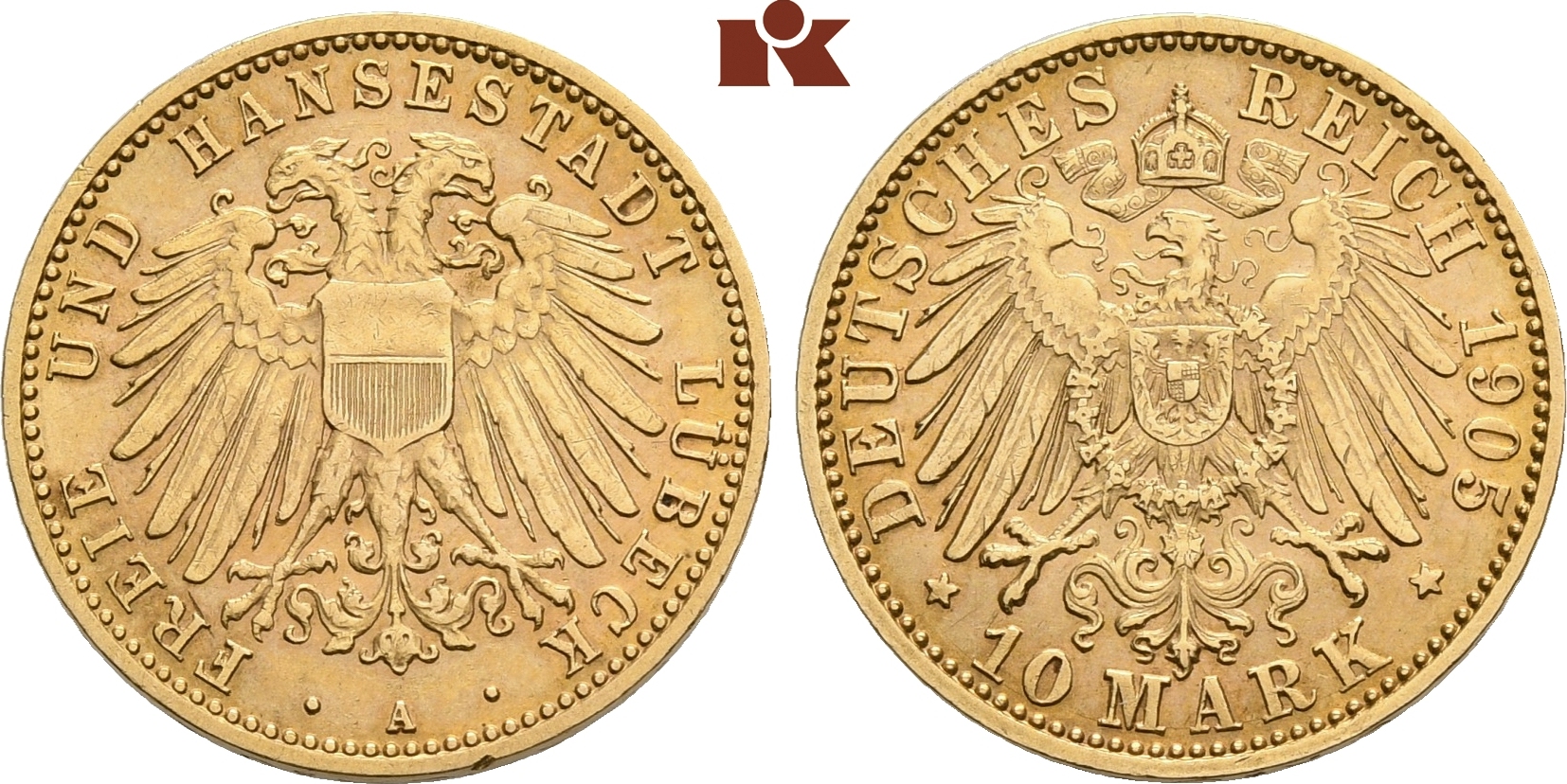 Lübeck 10 Mark 1905 A Freie und Hansestadt Vorzüglich winz