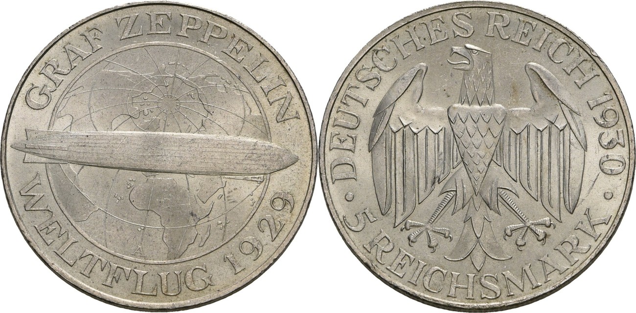 Weimarer Republik 5 Reichsmark A Berlin 1930 Auf Den Weltumflug Des