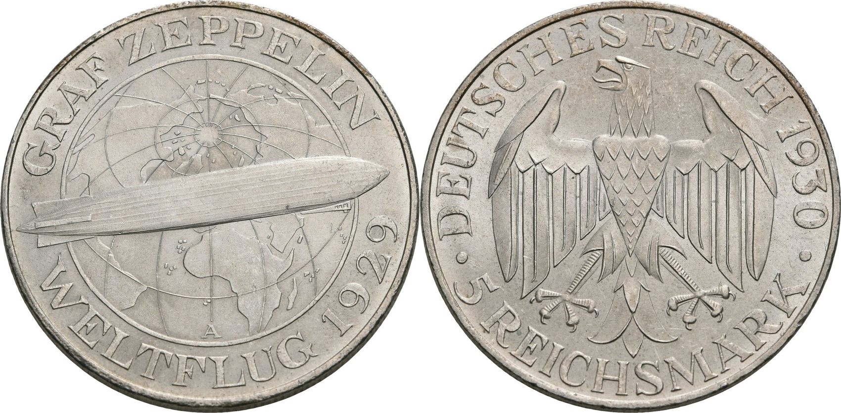 Weimarer Republik 5 Reichsmark A Berlin 1930 Auf Den Weltflug Des Graf