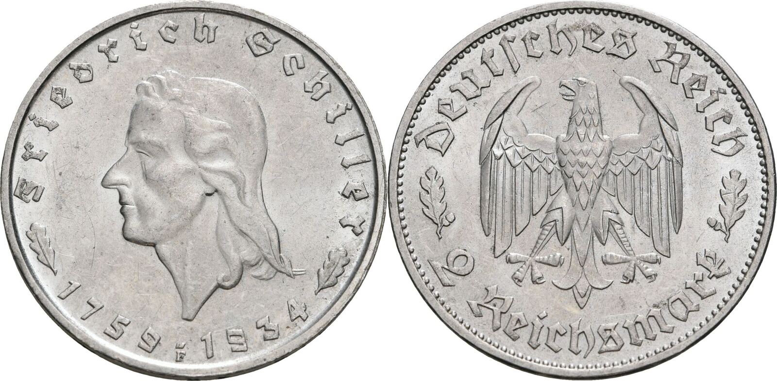 Drittes Reich 2 Reichsmark F Stuttgart 1934 Auf Den 175 Geburtstag