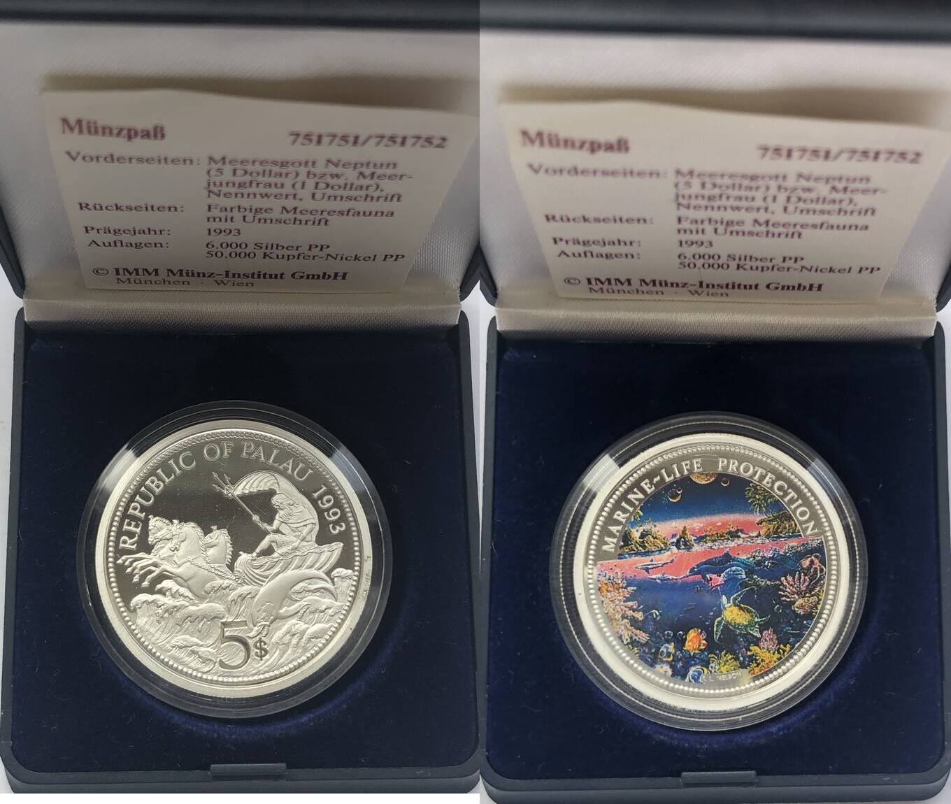 Palau Inseln 5 Dollar 1993 Neptun Farbmünze PP in Farbe MA Shops