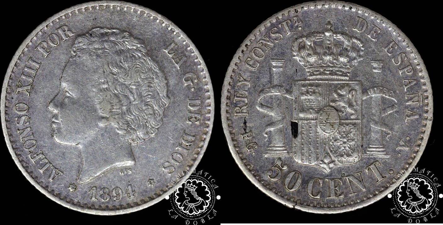 SPAIN 50 CÉNTIMOS 1894 94 Alfonso XIII PG V VF35 MA Shops