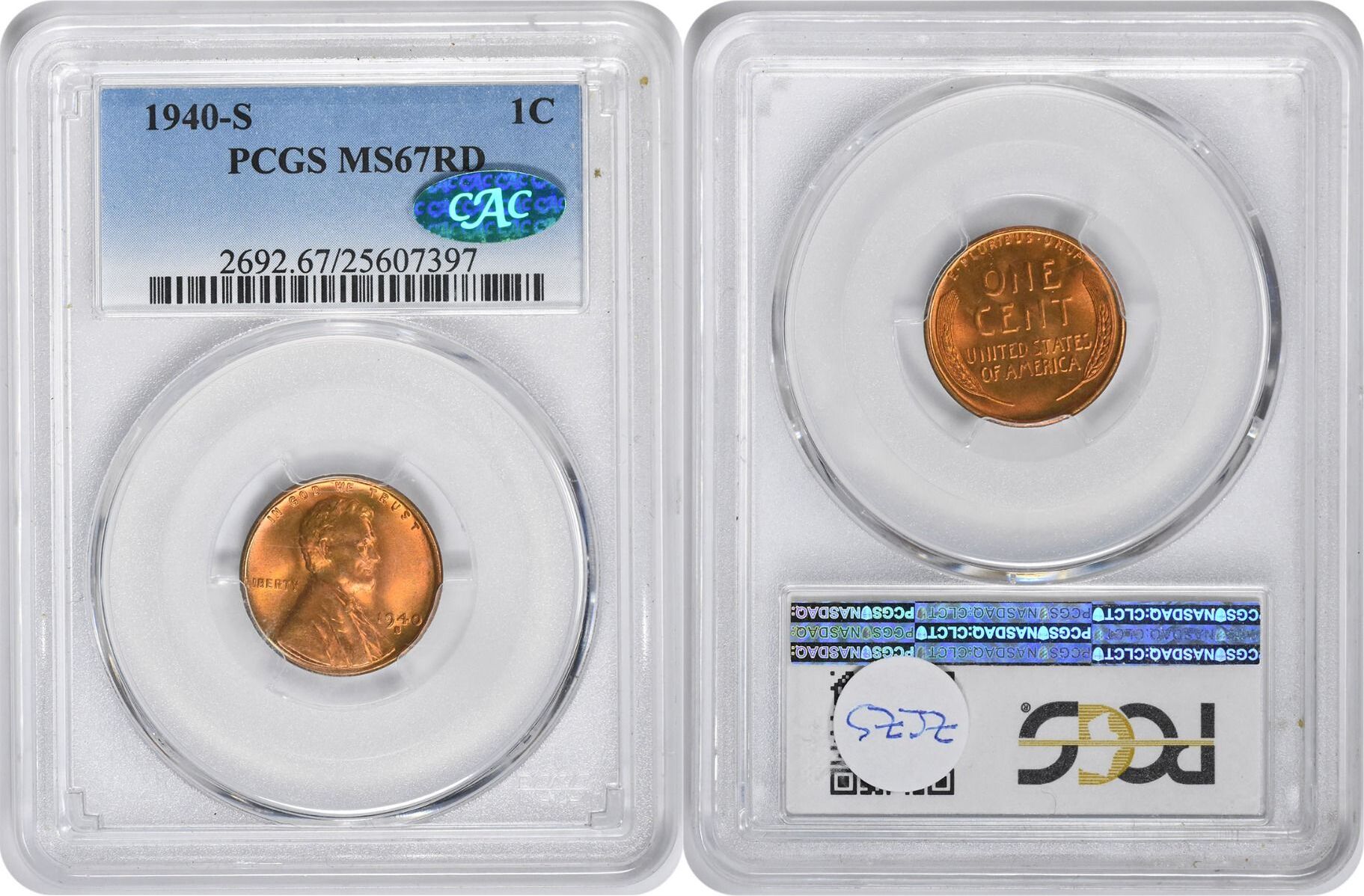 US 1940 S 1940 S Lincoln Cent MS67RD PCGS CAC CAC MA Shops