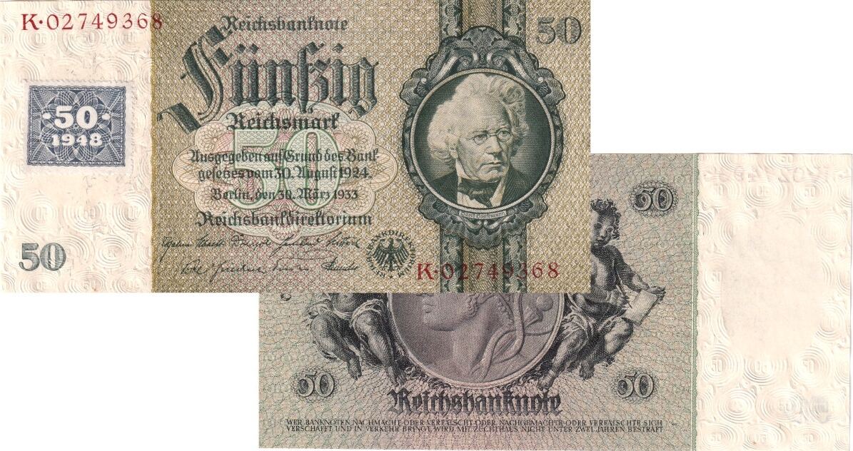 Banknoten 50 MARK DDR 50 DEUTSCHE MARK 1948 Kuponausgabe Ro 337d I