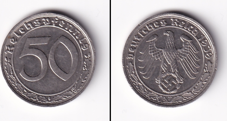 Kleinmünzen DEUTSCHES REICH 50 Reichspfennig J 365 1939 F ss vz