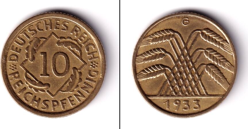 Weimarer Republik 10 Pfennig DEUTSCHES REICH 10 Reichspfennig J 317