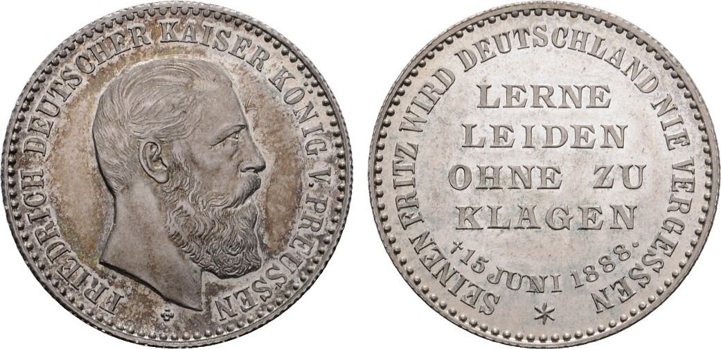 BRANDENBURG PREUSSEN 2 Mark förmige Silbermedaille 1888 mit Riffelrand