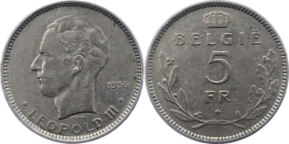 Belgien Königreich 5 Francs 1936 Leopold III 1934 1950 Sehr schön